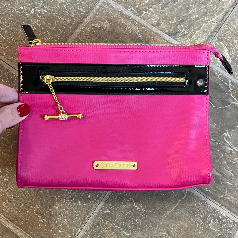 Juicy Couture Pink and Black Cosmetic Bag with Gold Charm